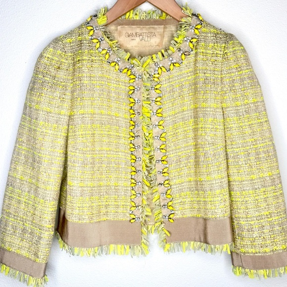 Giambattista Valli Jacket Bouclé Tweed Silk lined Embellished Yellow evening - Picture 2 of 13